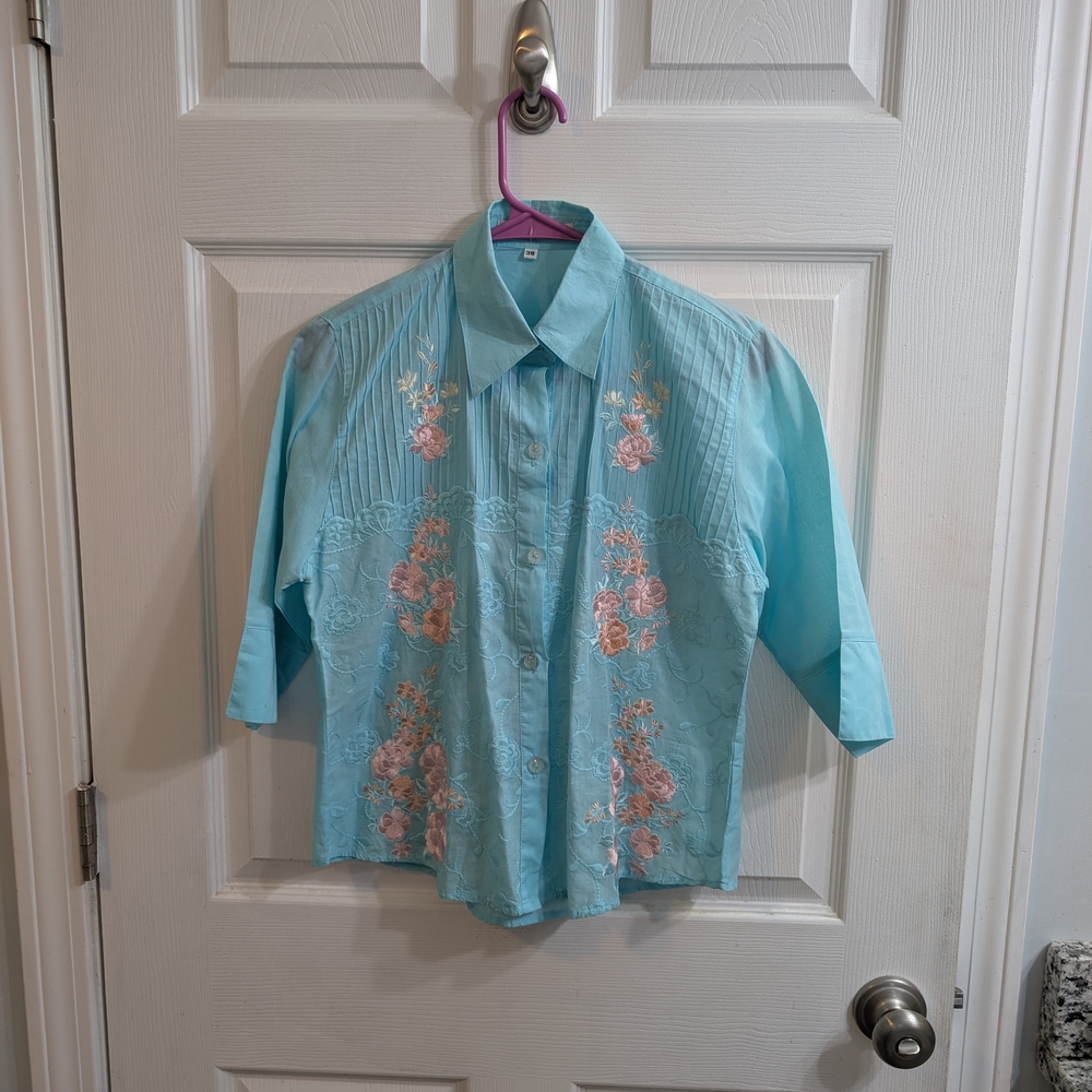 Amata Blue Floral Embroidered Lace Pleated Button Down Elbow Blouse - Size 38